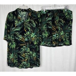 COOFANDY Men's Size XXL Hawaiian Print Shirt and Short Set Green Navy Multicolor
